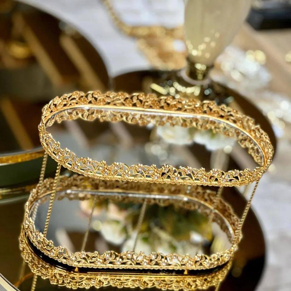 Блюдо металеве ручної роботи 2 ярусне на ніжках 31х14 см золото (S65A)