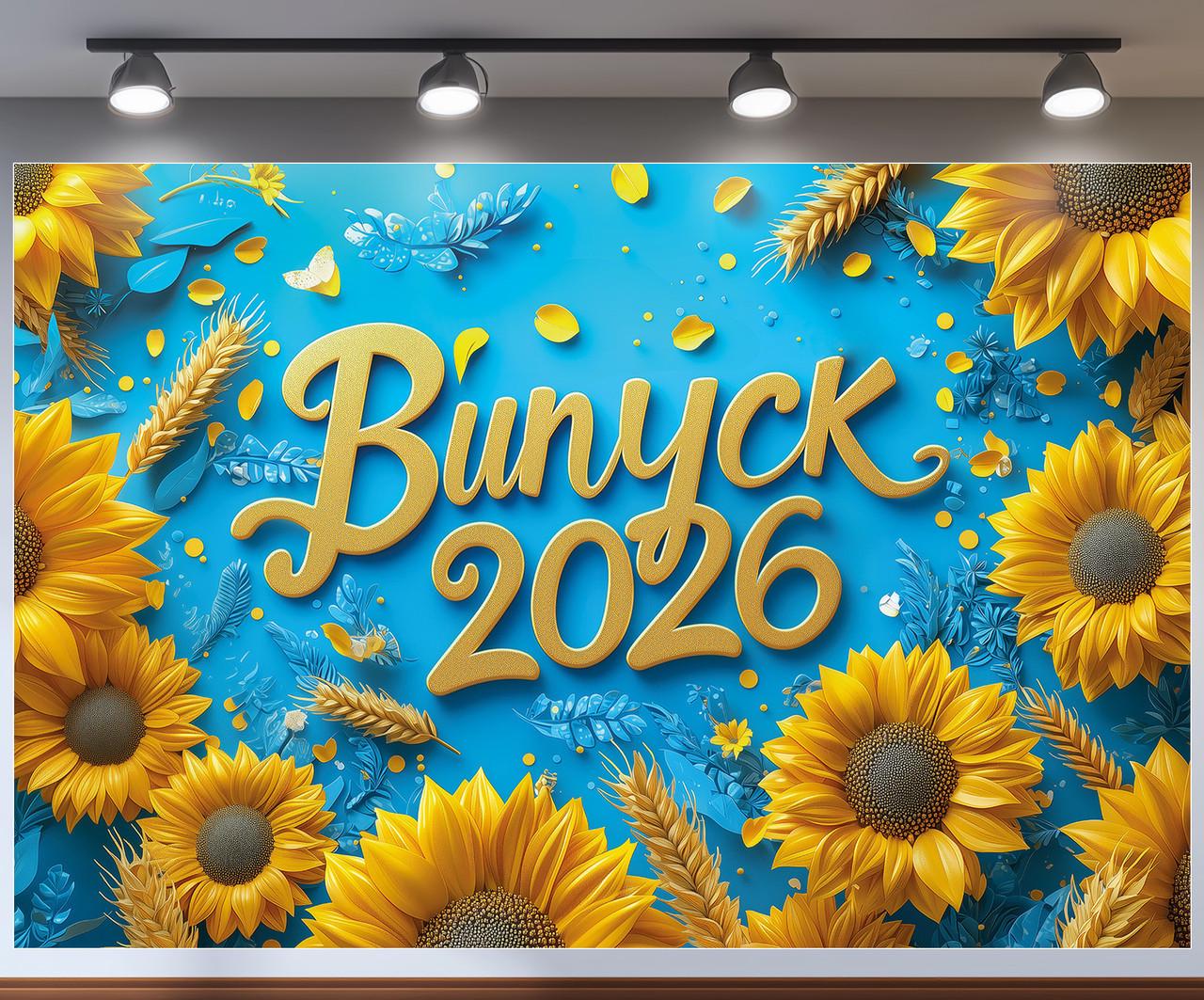 Баннер для фотозоны "Випуск 2026" золотые колосья и большие подсолнухи на синем текстурном фоне 300x200 см №41327 Баннер для фотозоны "Випуск 2026" золотые колосья и большие подсолнухи на синем текстурном фоне 300x200 см №41327