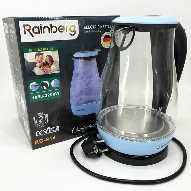 Електрочайник Rainberg RB-914 скляний з індикатором роботи Блакитний (ML-04262) - фото 4