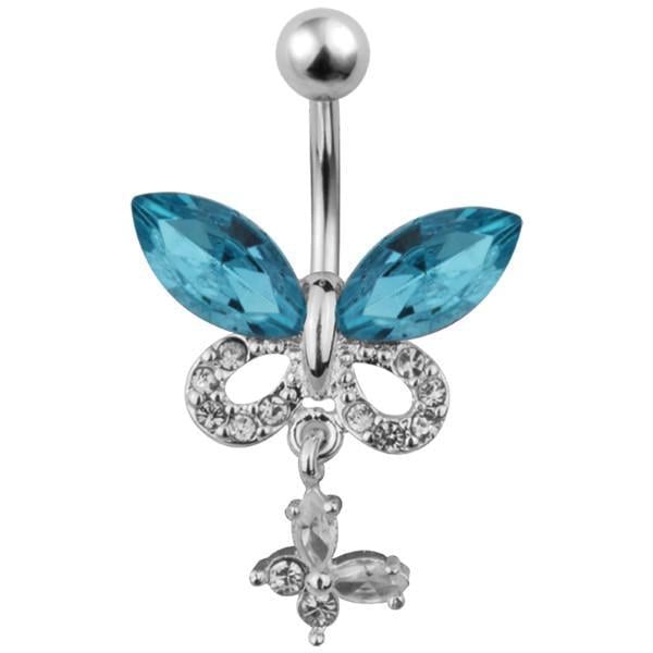 Сережка для пірсингу Банан у пупок метелик верхні крила великі блакитні стрази, а нижні з дрібних білих страз і з підвіскою