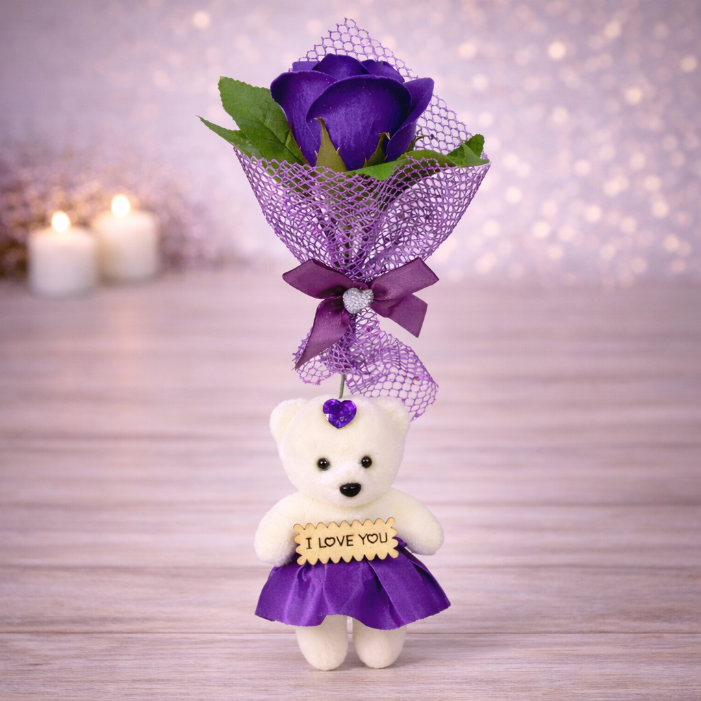 Троянда мильна з ведмежам в прозорій упаковці Фіолетовий (06-F-7538v)