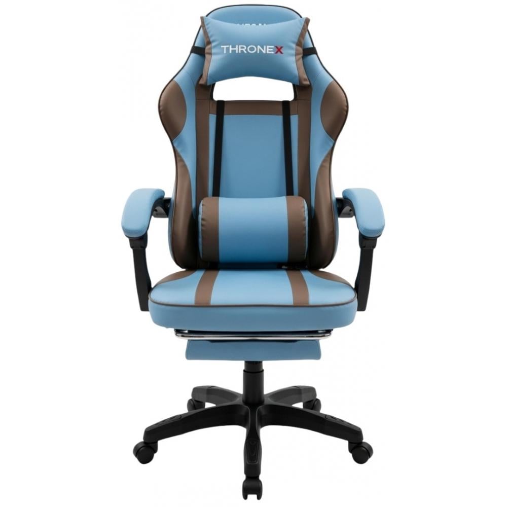 Кресло геймерское дизайнерское ThroneX с массажной подушкой/подножкой до 130 кг Голубой с коричневым (PVC 007) Кресло геймерское дизайнерское ThroneX с массажной подушкой/подножкой до 130 кг Голубой с коричневым (PVC 007)