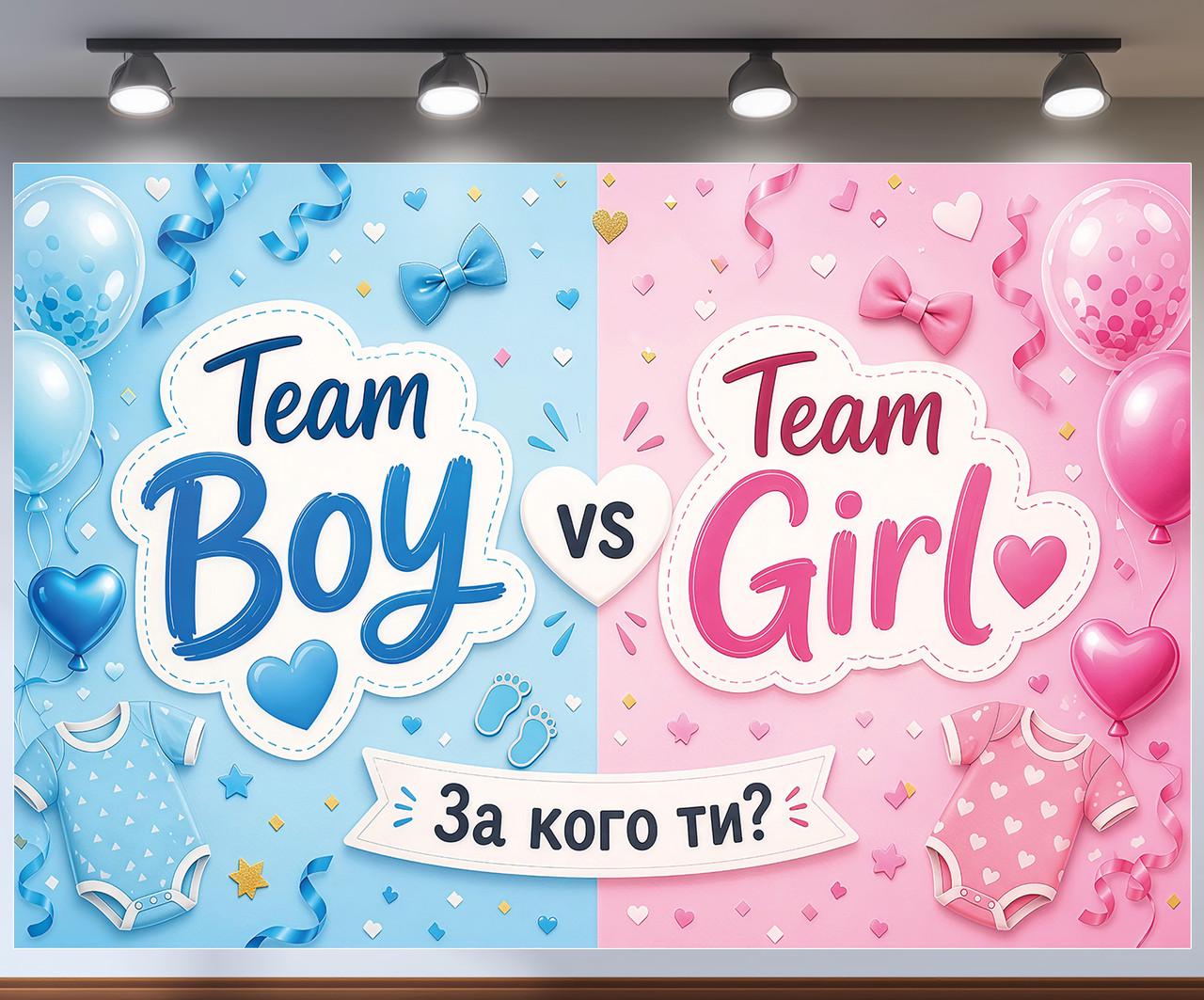 Плакат баннер Team Boy VS Team Girl За кого ты с бодиками и шариками 180x120см, №48822