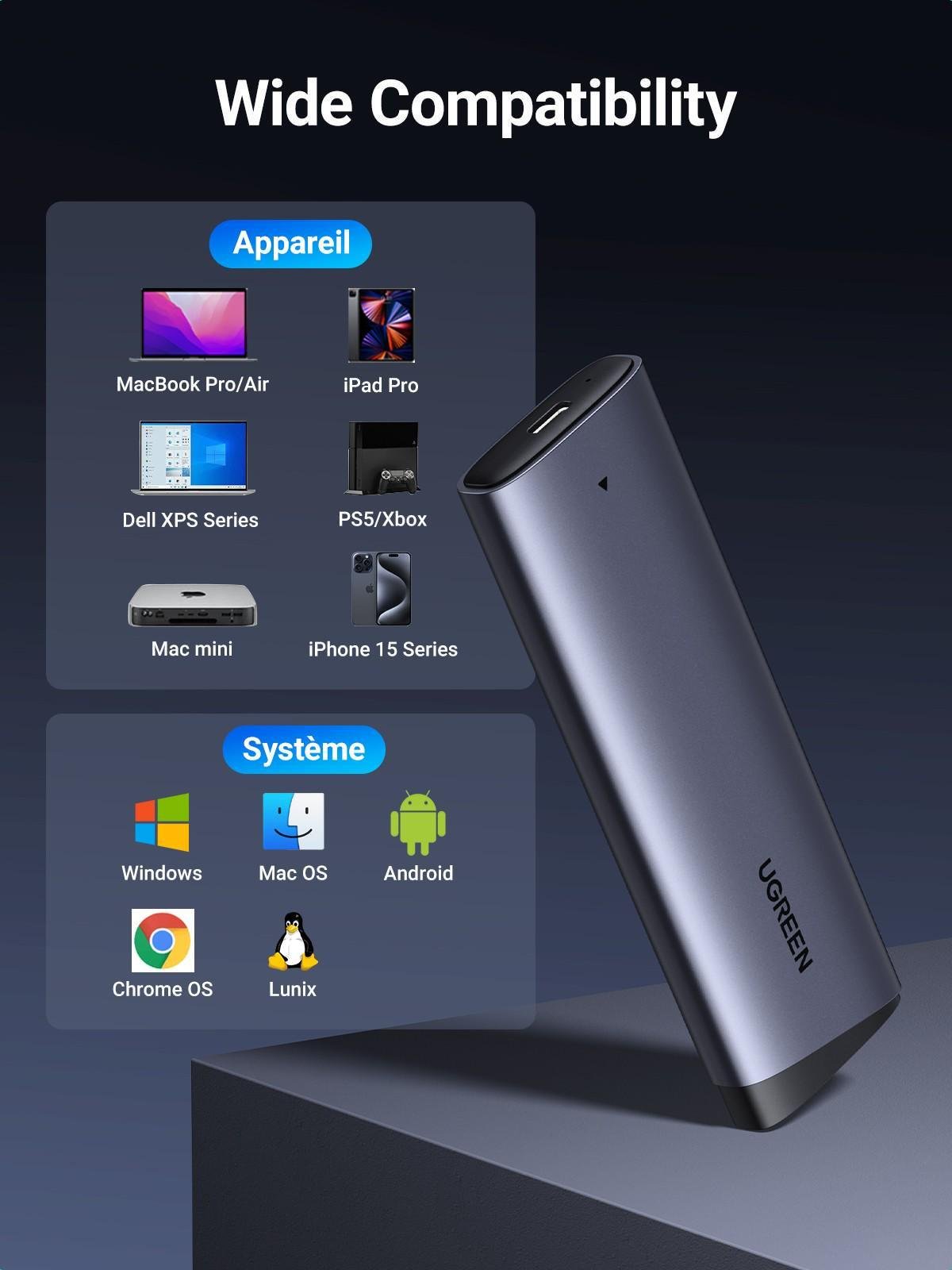 Зовнішній корупус UGREEN для SSD M.2 NVMe/SATA 10 Гбіт/с USB 3.2 Gen 2 UASP TRIM до 8 ТБ Сірий (15813) - фото 15