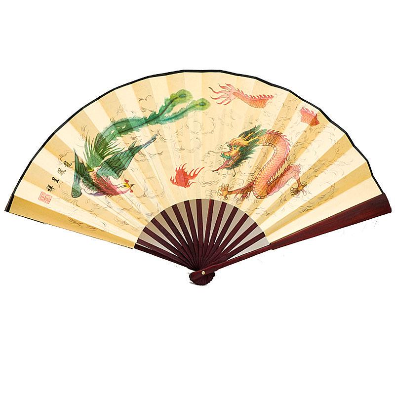 Віяло двосторонній Дракон та фенікс 33х58 см Бежевий (B1119а)