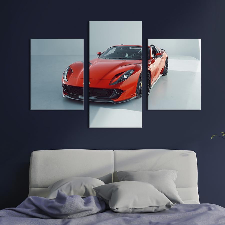 Картина на холсте триптих Красный Ferrari 812 GTS на белом фоне 96x60 см (1374-32)