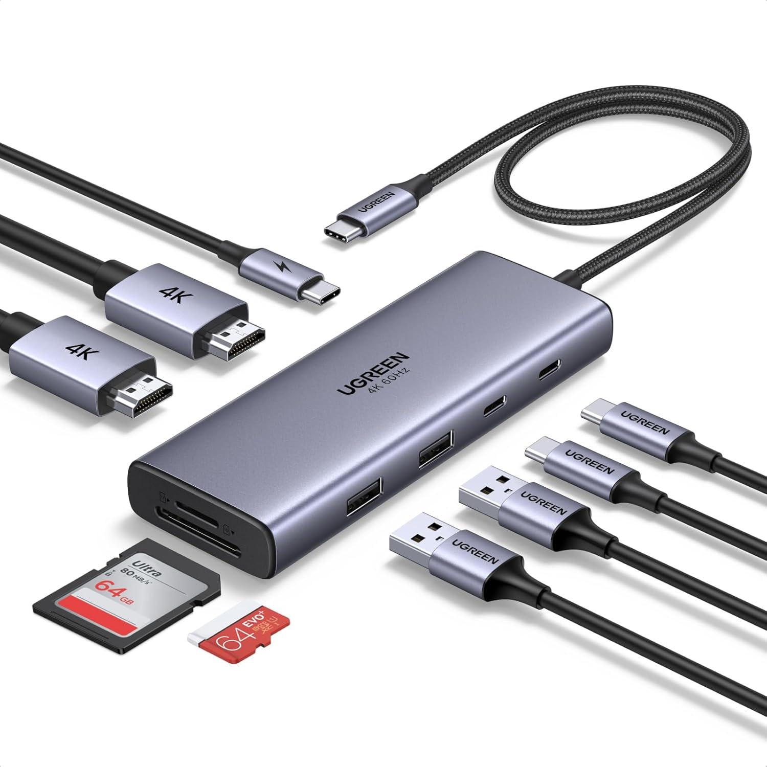 USB-C-хаб UGREEN CM498A 9в1 2 HDMI и microSD Серый (85774)