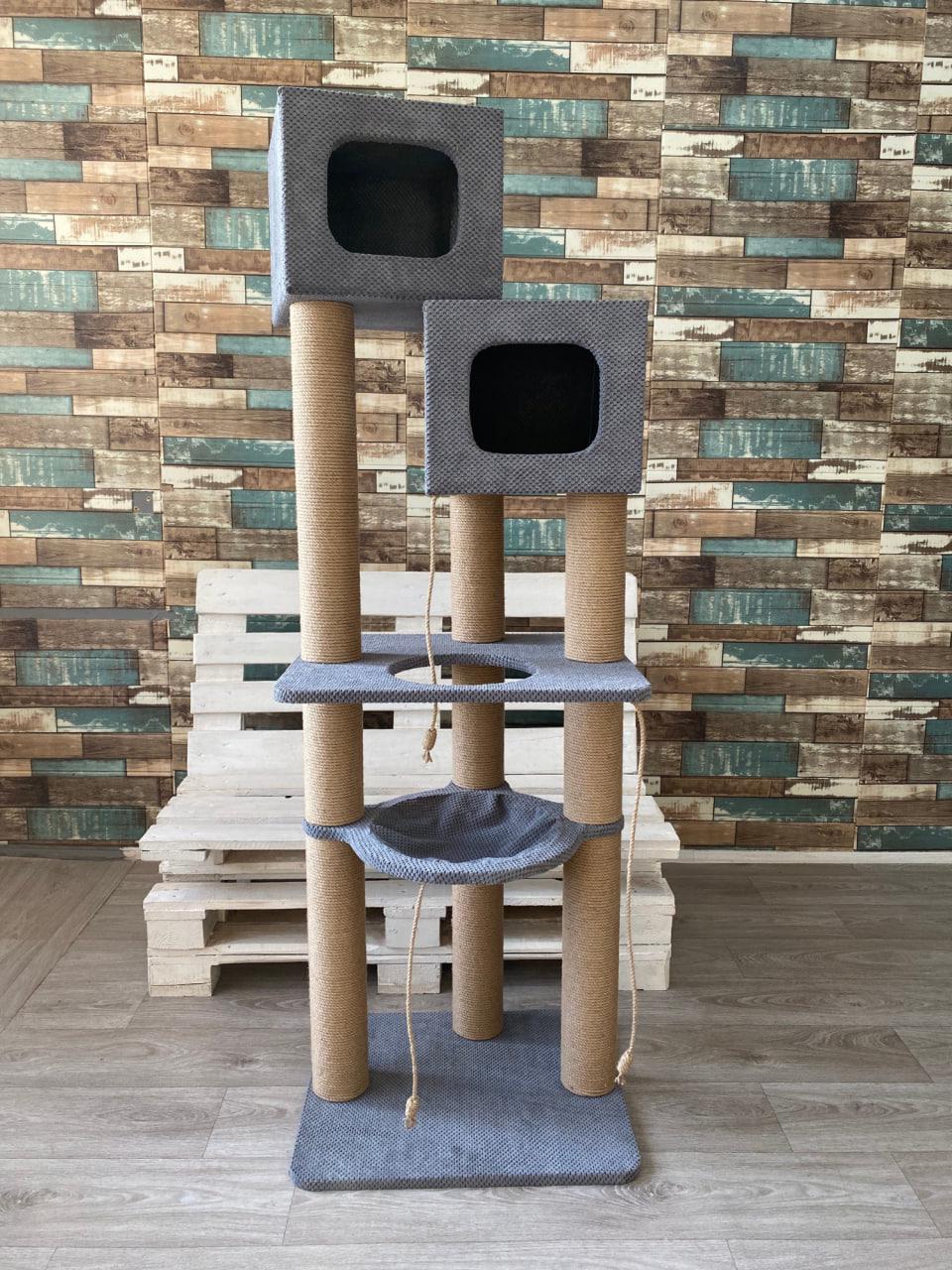 Комплекс игровой для котов с двумя домиками и полочками 180х65х50 см Серый
