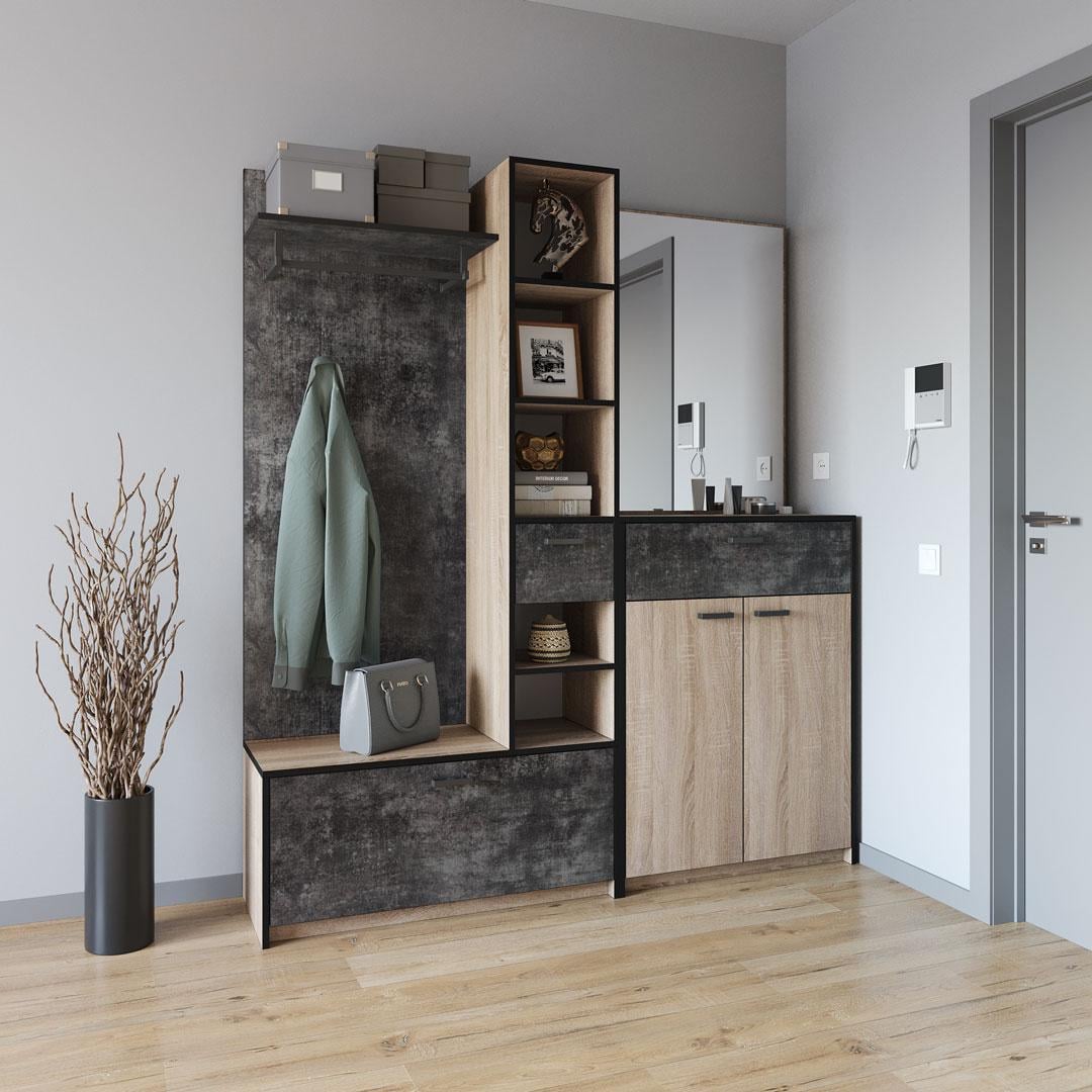 Передпокій Moreli KO-0002 з дзеркалом/гачками та штангою для одягу 1690х1880х380 мм Дуб сонома/Бетон Темний (27688043)