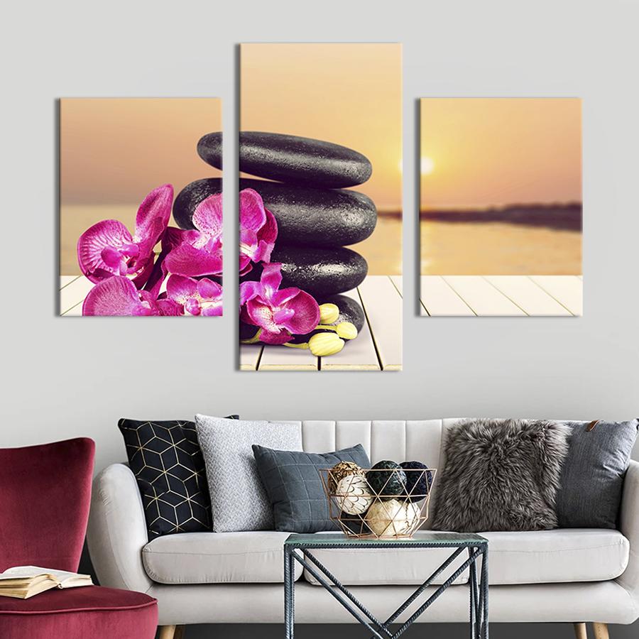 Картина для интерьера Камни и орхидея на деревянном пирсе 141x90 см (72-32)