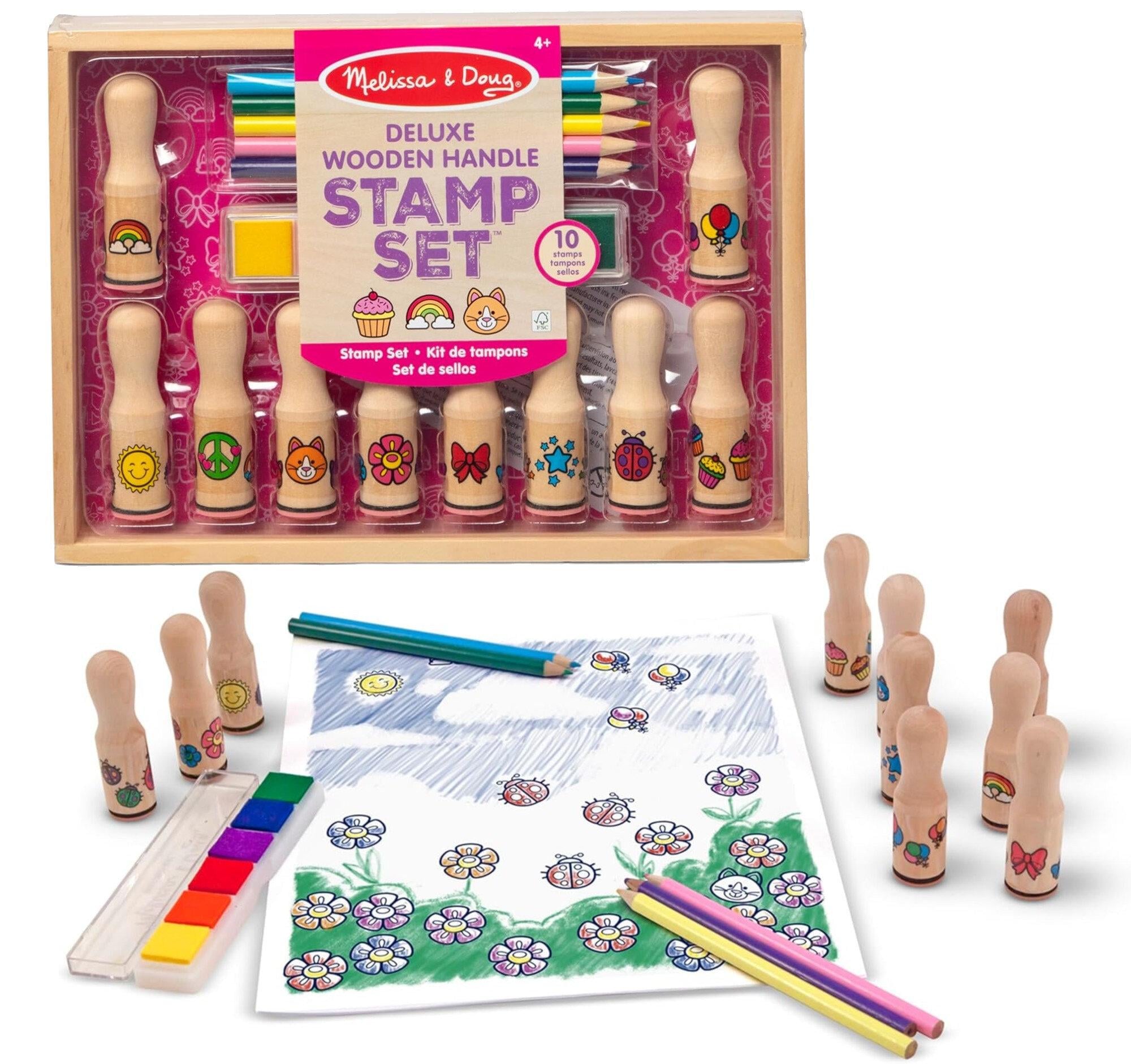 Набор для творчества Melissa&Doug Deluxe Wooden Handle Stamp Set 10 деревянных штампов краски и карандаши для детей от 4 лет (SKU-382)