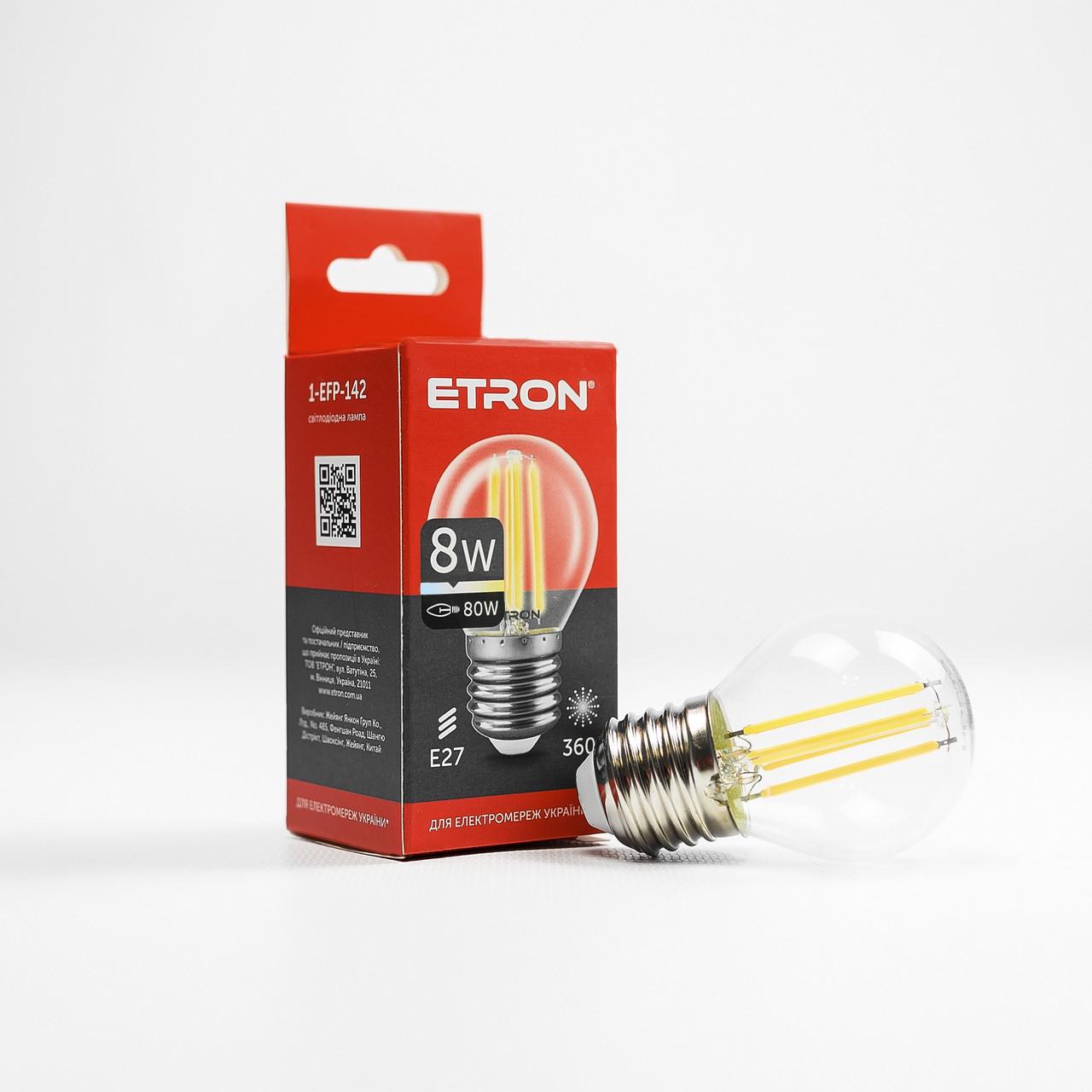 LED лампа ETRON Filament 1-EFP-142 G45 E27 8 W 4200 K Прозорий