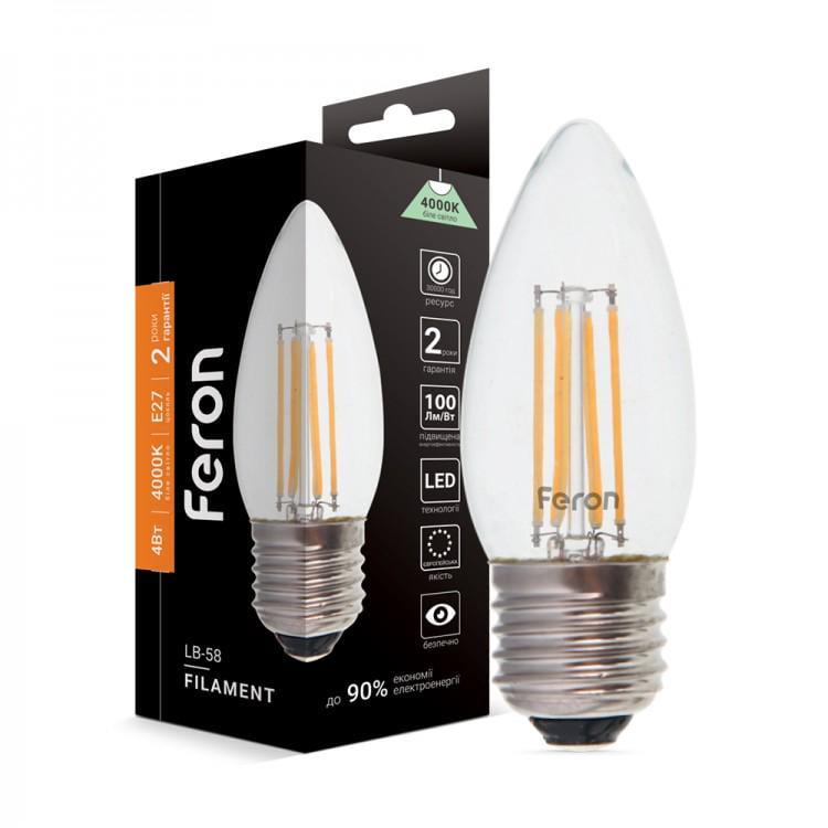 Лампа світлодіодна Feron Filament LB-58 C37 4W E27 4000K (27844481) Лампа світлодіодна Feron Filament LB-58 C37 4W E27 4000K (27844481)