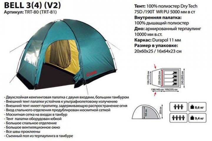 Палатка Tramp Bell 3 V2 трехместная туристическая 325х240х195/205 см (TRT-080) - фото 6