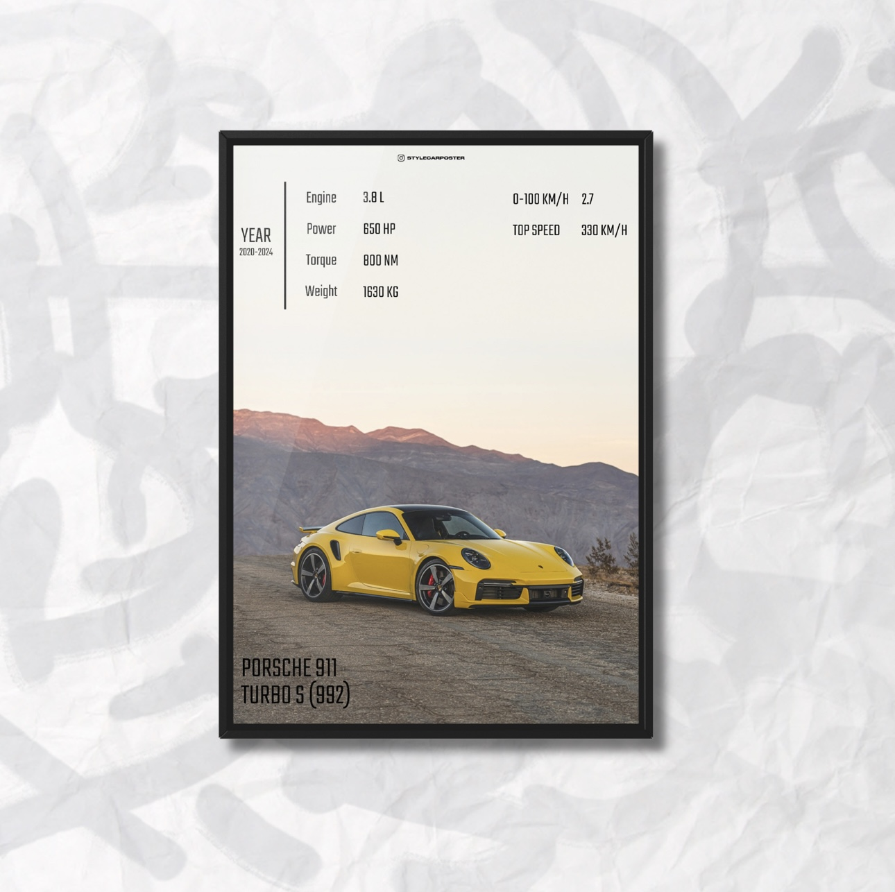 Картина с авто Porsche 911 Turbo S 992 желтый передняя часть дизайн Club Sport А5 210х148 мм (PR0070)