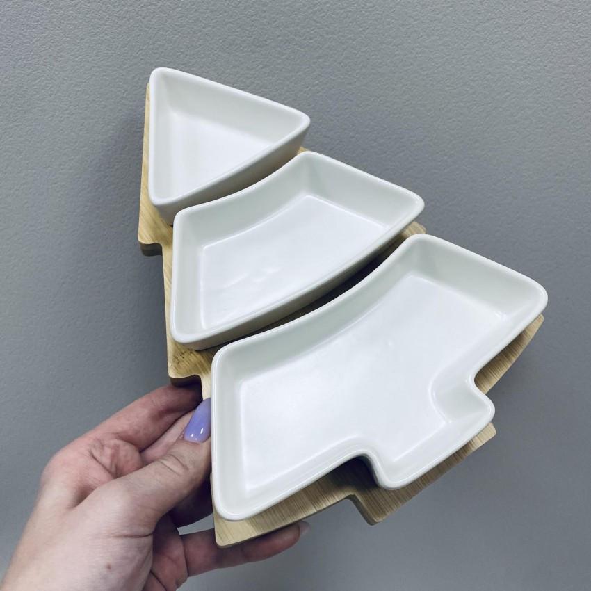 Менажниця керамічна Olens 8030-353 Біла ялинка на бамбуковій підставці 3-х секційна (2387257921) - фото 3 Менажниця керамічна Olens 8030-353 Біла ялинка на бамбуковій підставці 3-х секційна (2387257921) - фото 3