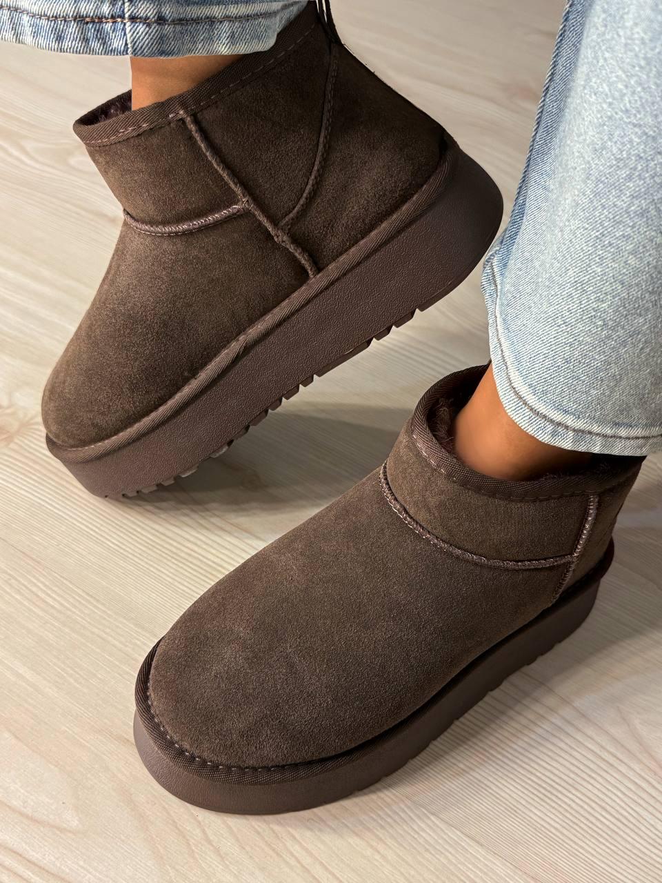 Угги женские Hengji 25-7 натуральная замша короткие на высокой подошве р. 37 Коричневый (5299) - фото 7