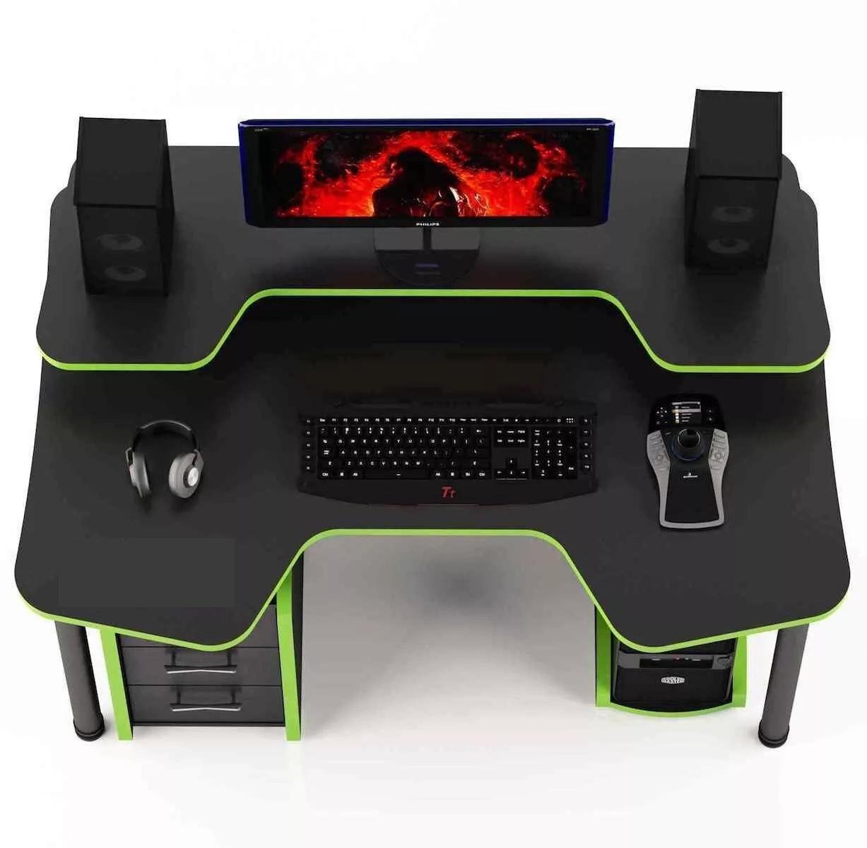 Стол компьютерный письменный GT14NR с надстройкой и ящиками 1200 мм Черный с зеленым (12768517) - фото 2 Стол компьютерный письменный GT14NR с надстройкой и ящиками 1200 мм Черный с зеленым (12768517) - фото 2