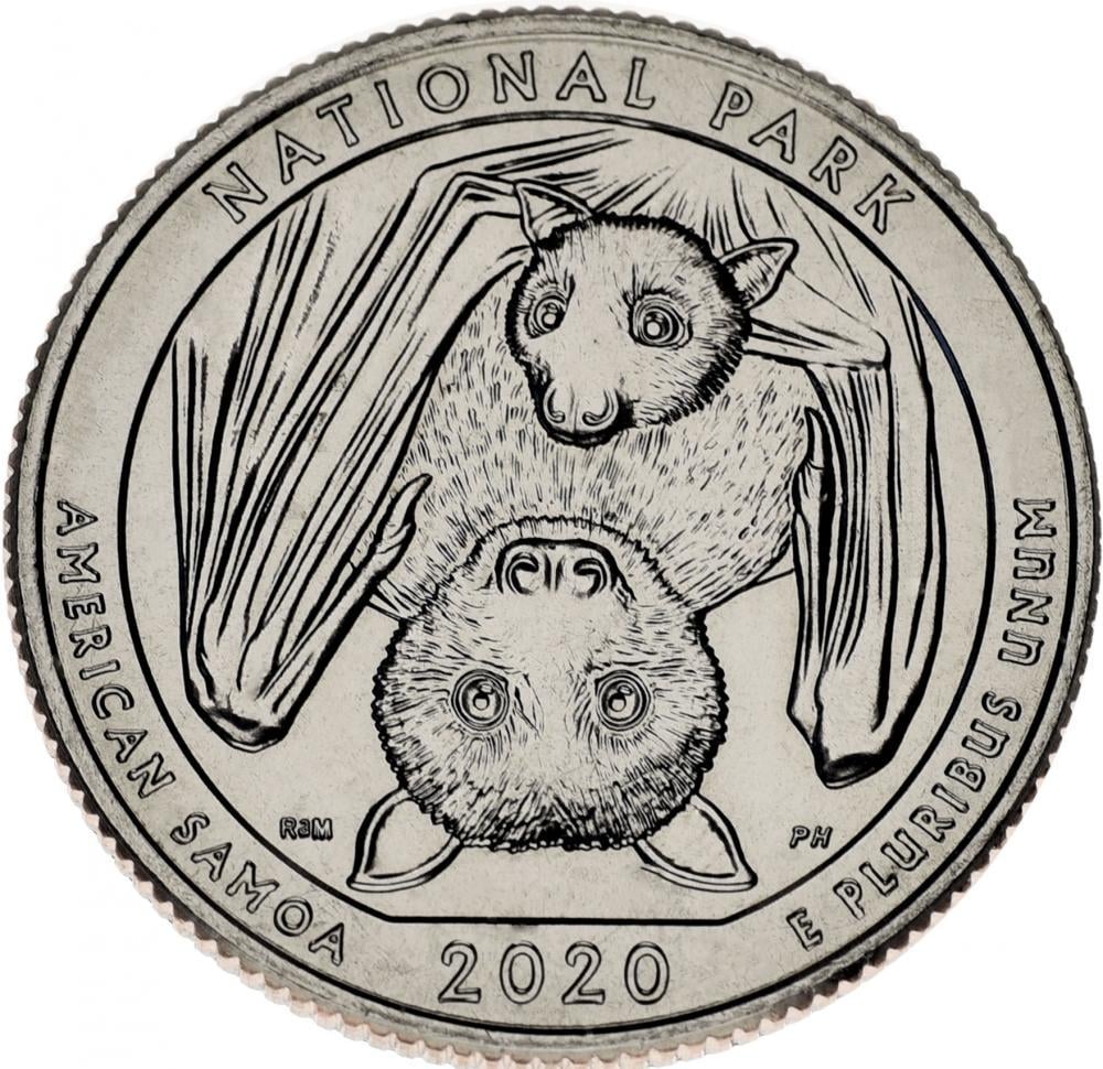 Коллекционная монета США 25 центов квотер 2020 D UNC 51-й парк Американское Самоа Летучая мышь
