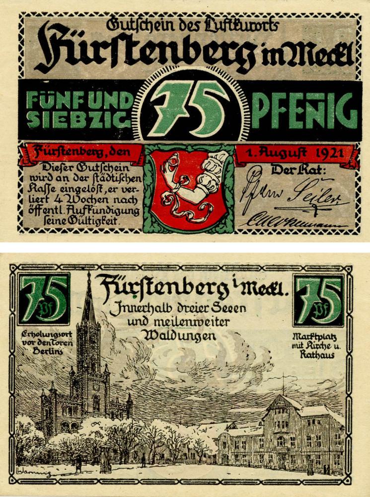 Коллекционная банкнота Германия Нотгельд 75 пфеннигов 1921 F-VF Фюрстенберг (Б18598)