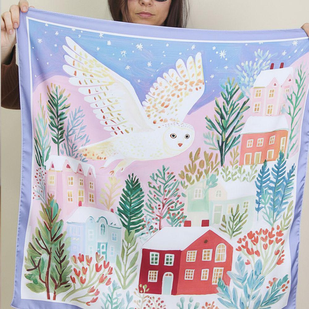 Платок шелковый Presentville Армани с принтом Сова над городом 68х68 см (HUST_26NY001)