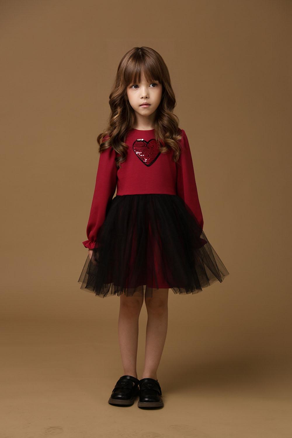 Платье с фатином для девочки ODRI 104 см Малиновое с нашивкой сердце (0093)