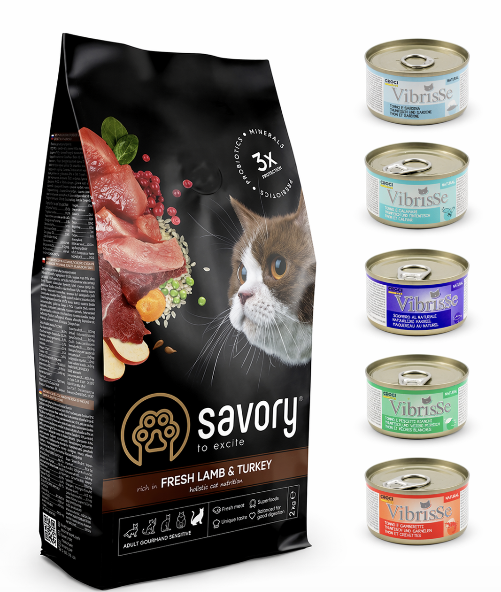 Набор корма для кошек с чувствительным пищеварением Savory с индейкой и ягненком 2 кг и консервы Vibrisse 5 шт. по 70 г (4820232630082)