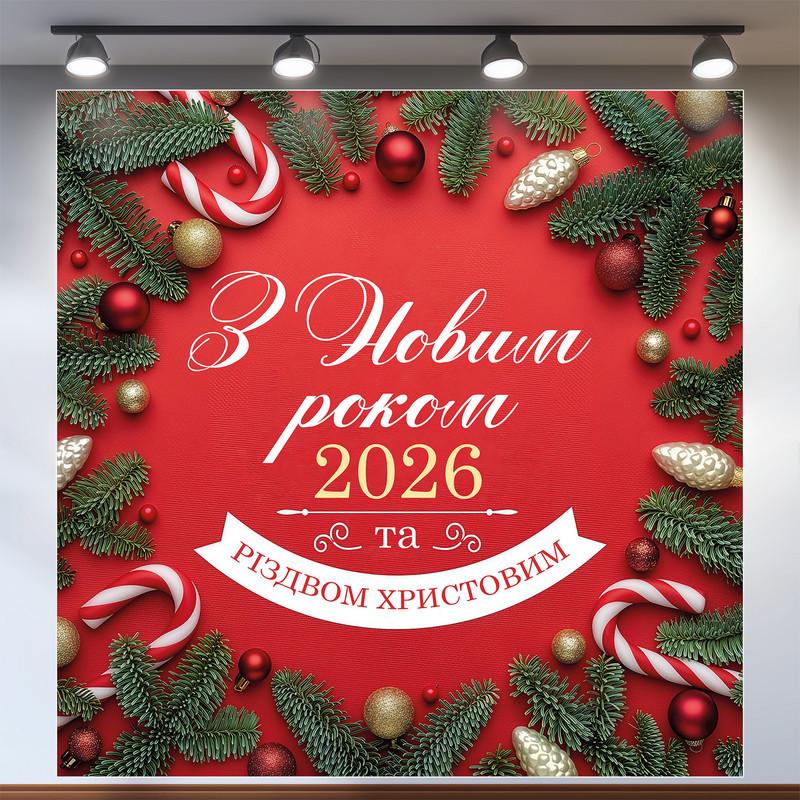 Баннер "З Новим роком 2026 та Різдвом Христовим!" с хвоей и леденцами 200x200 см №46047 Баннер "З Новим роком 2026 та Різдвом Христовим!" с хвоей и леденцами 200x200 см №46047