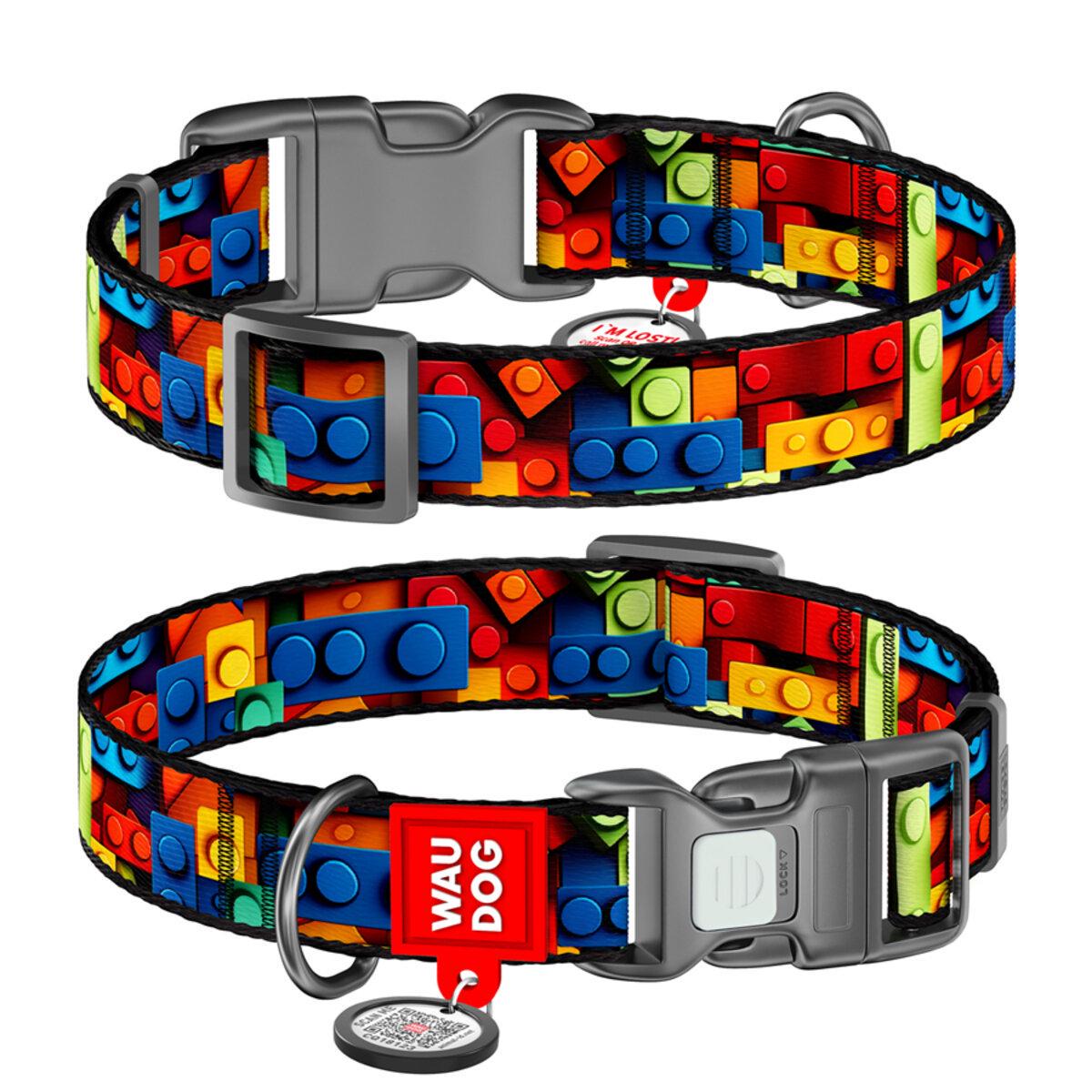 Ошейник для собак нейлоновый WAUDOG Nylon с QR паспортом Блоки пластиковый фастекс S Ш 15 мм Д 25-35 см