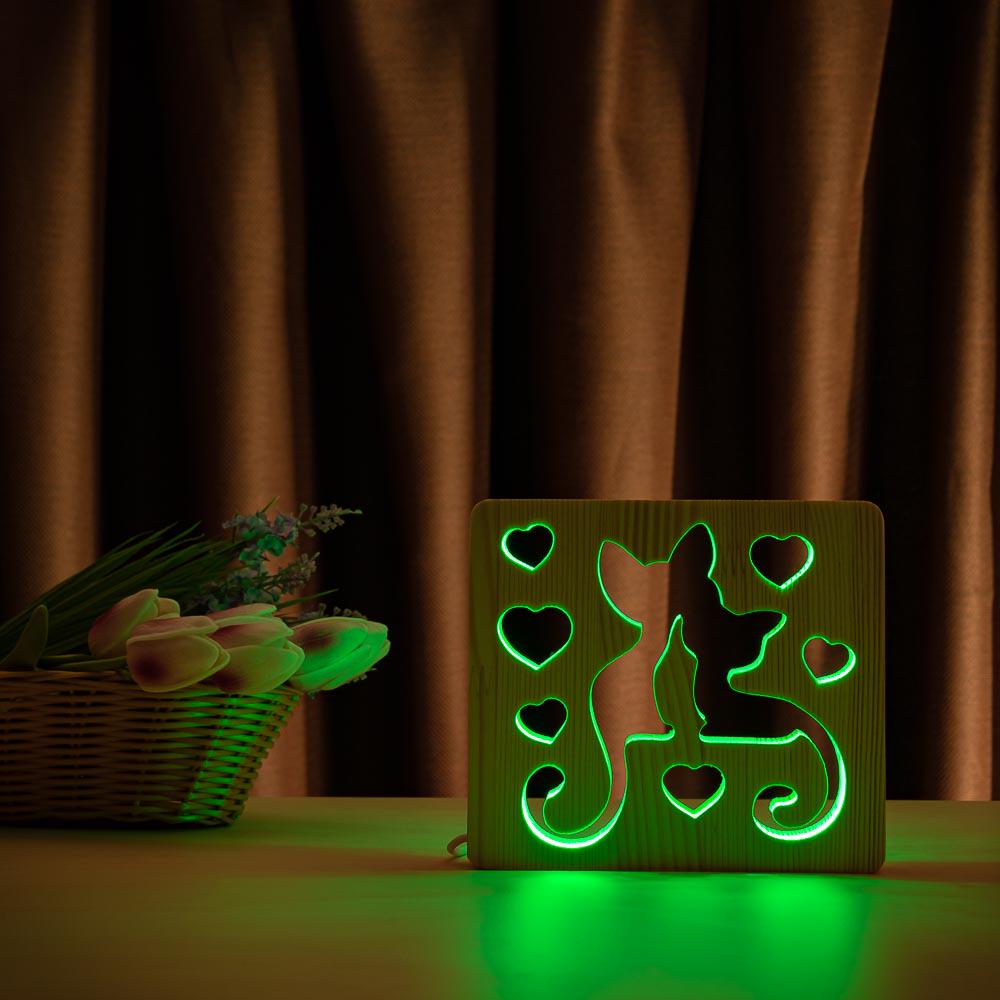Світильник-нічник LED RGB Коти та кохання з дерева з регулюванням кольору (1020359)