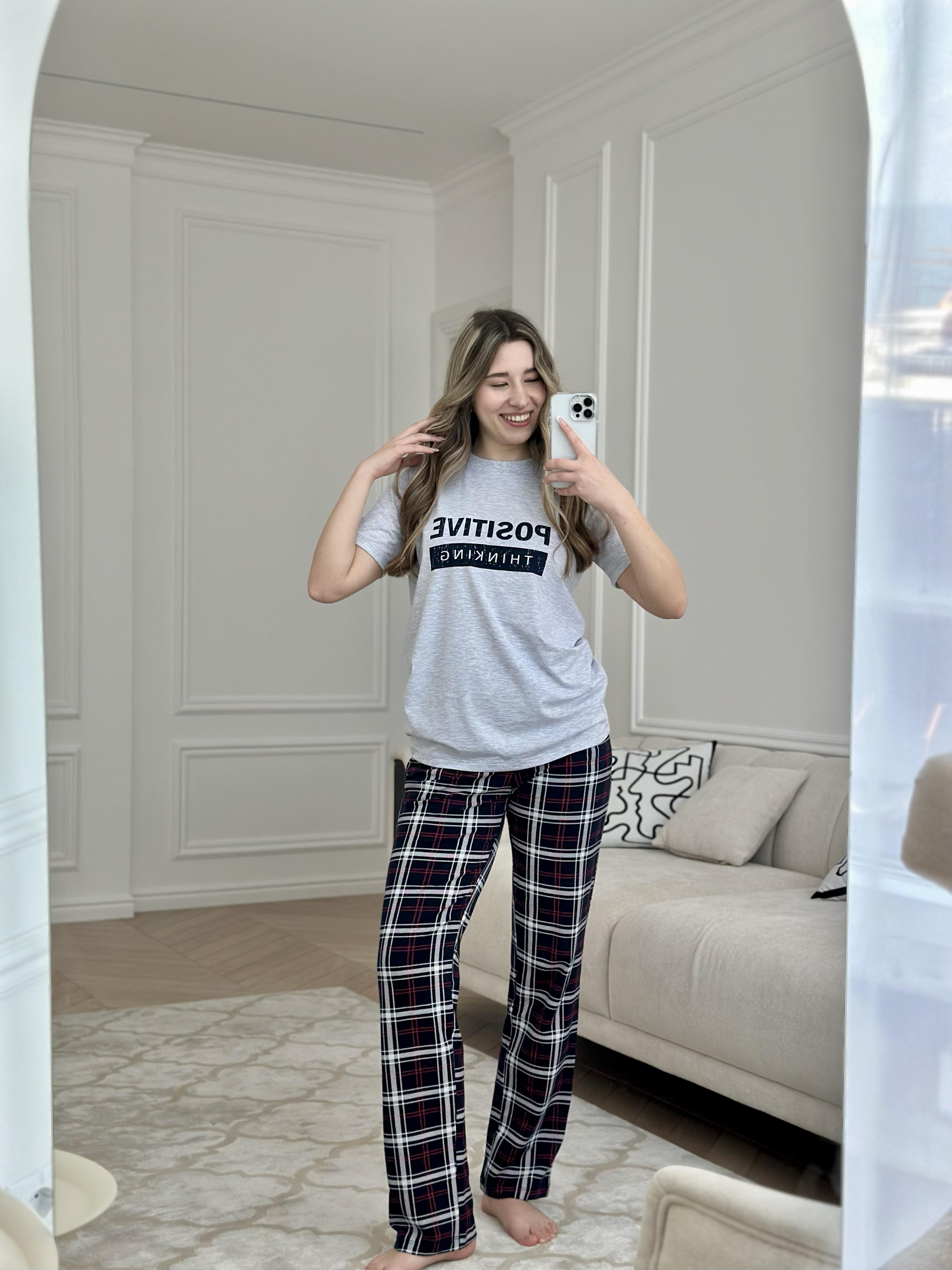 Пижама женская комплект Positive thinking брюки/футболка XL Серый (T351)