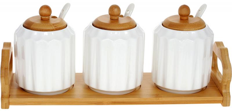 Набор банок с ложками Ceram-Bamboo 300 мл 3 шт. на деревянной подставке фарфор (BD-289-375)