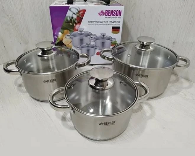 Набор кастрюль Benson 6 пр. из нержавеющей стали (BN-198) - фото 6 Набор кастрюль Benson 6 пр. из нержавеющей стали (BN-198) - фото 6