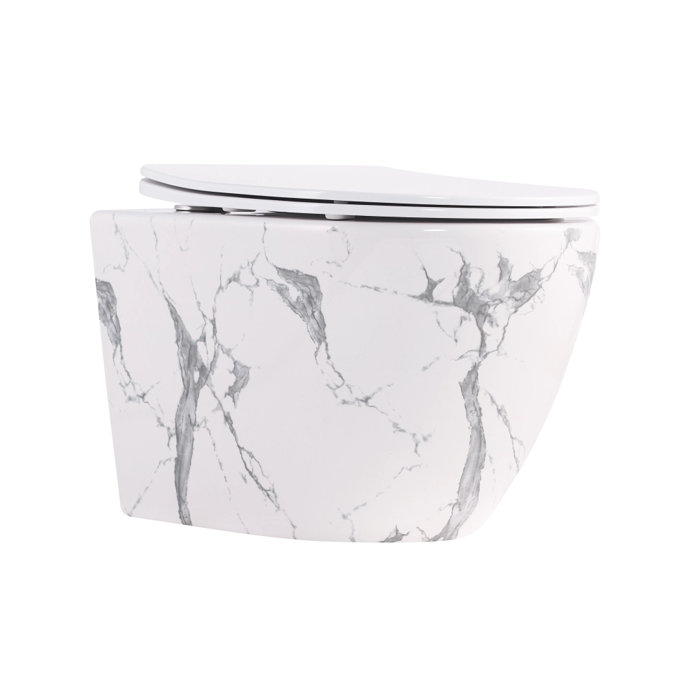 Унітаз підвісний безобідковий Qtap Robin Ultra Quiet Marble Торнадо з сидінням та мікроліфтом Білий мармур (QT13332381АSMR)