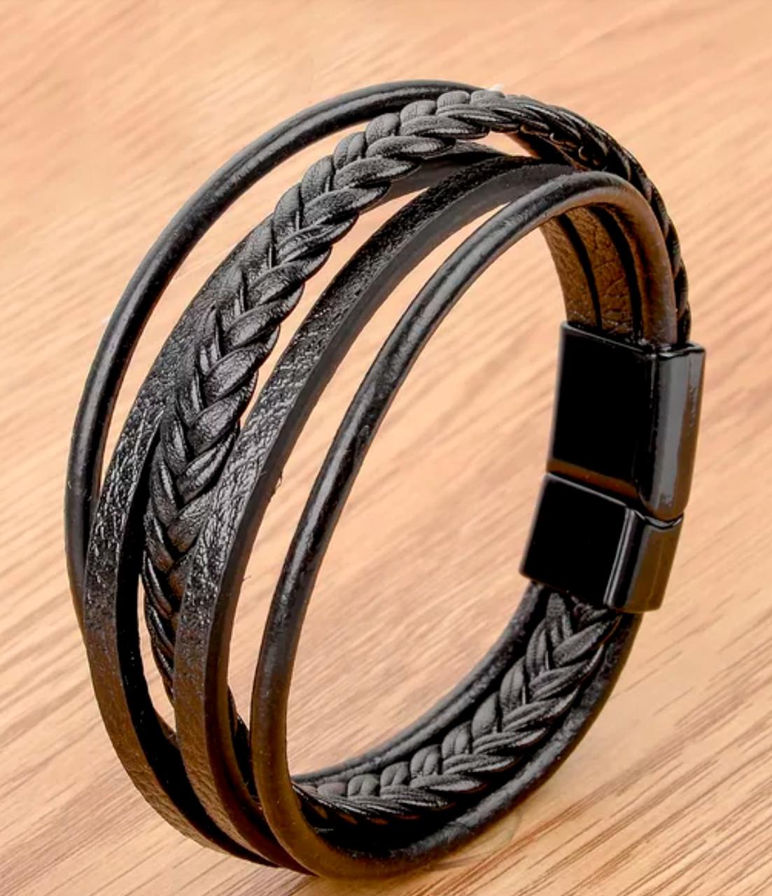 Браслет кожаный многослойный на магнитной металлической застежке Черный