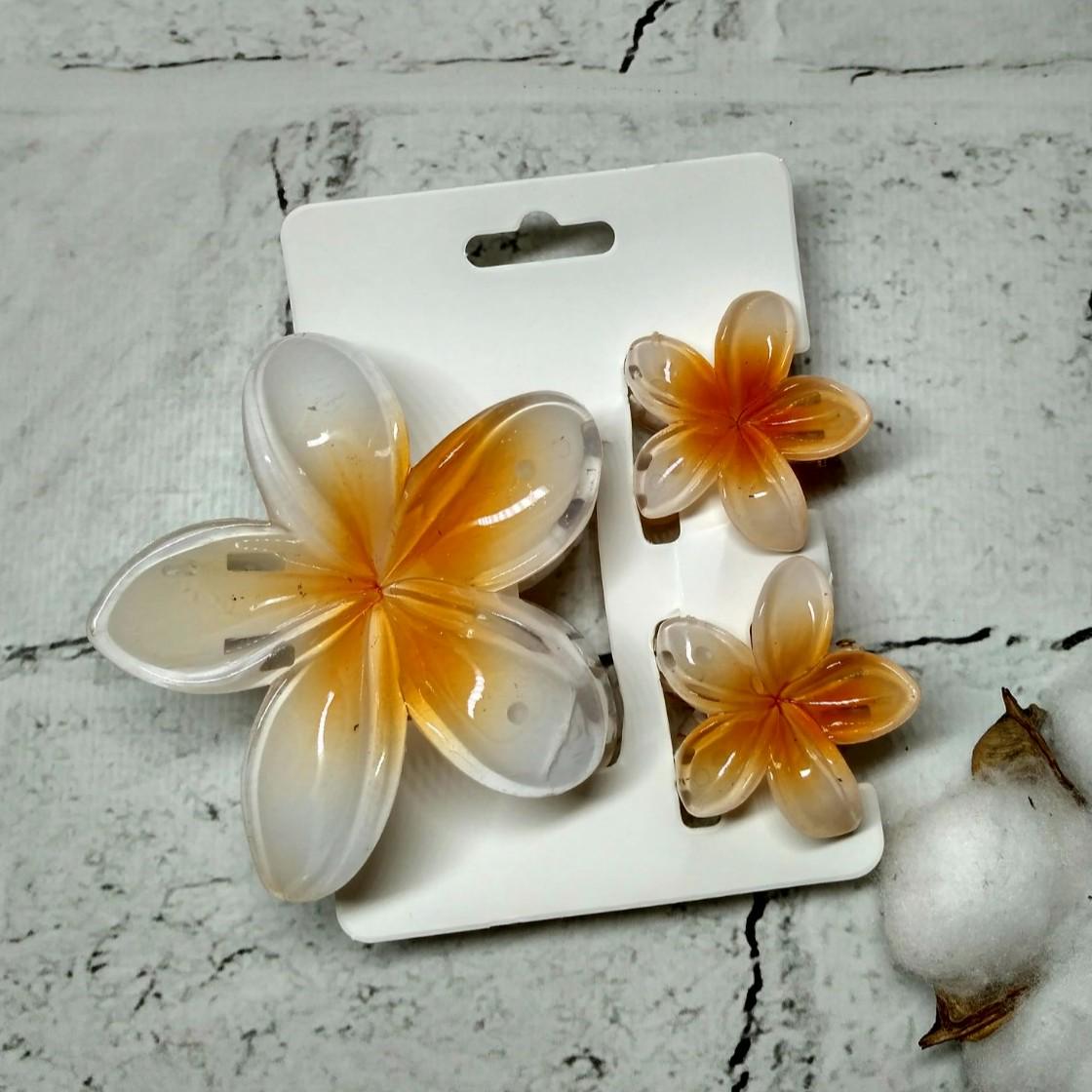 Крабик для волос Гавайский цветок глянец заколка зажим набор из 3 шт. Оранжевый (8437-4)