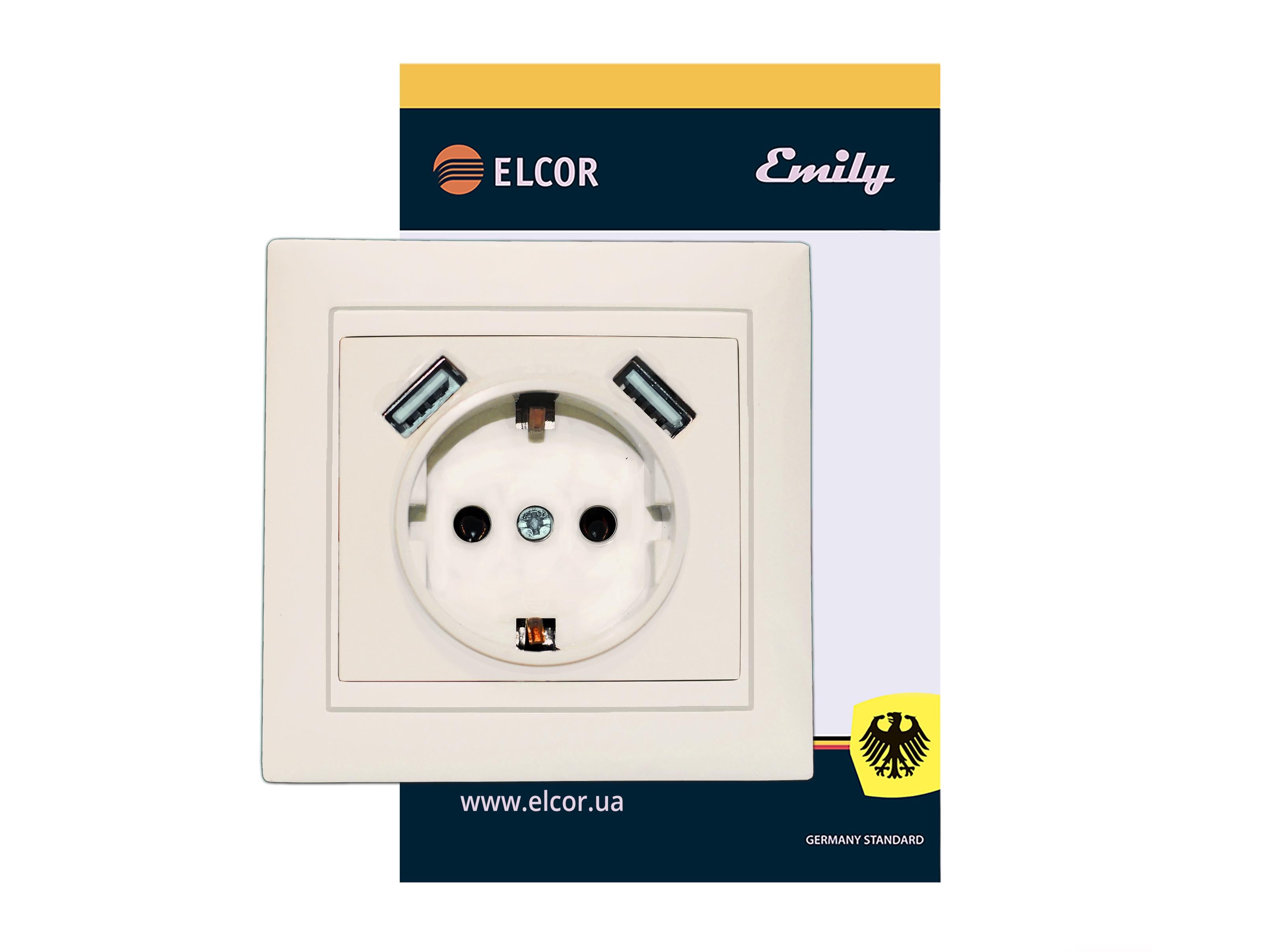 Розетка з заземленням Elcor Emily 9215 2USB Кремовий (211595) Розетка з заземленням Elcor Emily 9215 2USB Кремовий (211595)