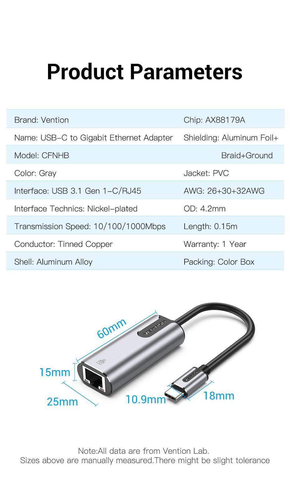 Сетевая карта Vention Type-C-Ethernet 1 Гбит/с LAN 0.15м USB 3.1 Gen 1-C-RJ45 1000 Мбит/с металлический Серый (CFNHB) - фото 7