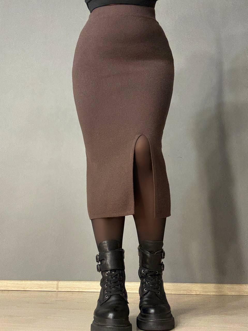Юбка женская MY FASHION 6808-80 вязаная с разрезом средняя длина One Size Коричневый (5789)