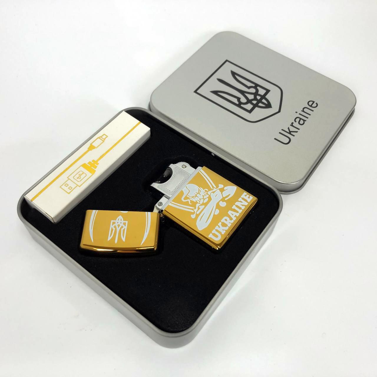 Зажигалка дуговая электроимпульсная USB Украина металлическая коробка Золотой (HL-449) - фото 2 Зажигалка дуговая электроимпульсная USB Украина металлическая коробка Золотой (HL-449) - фото 2