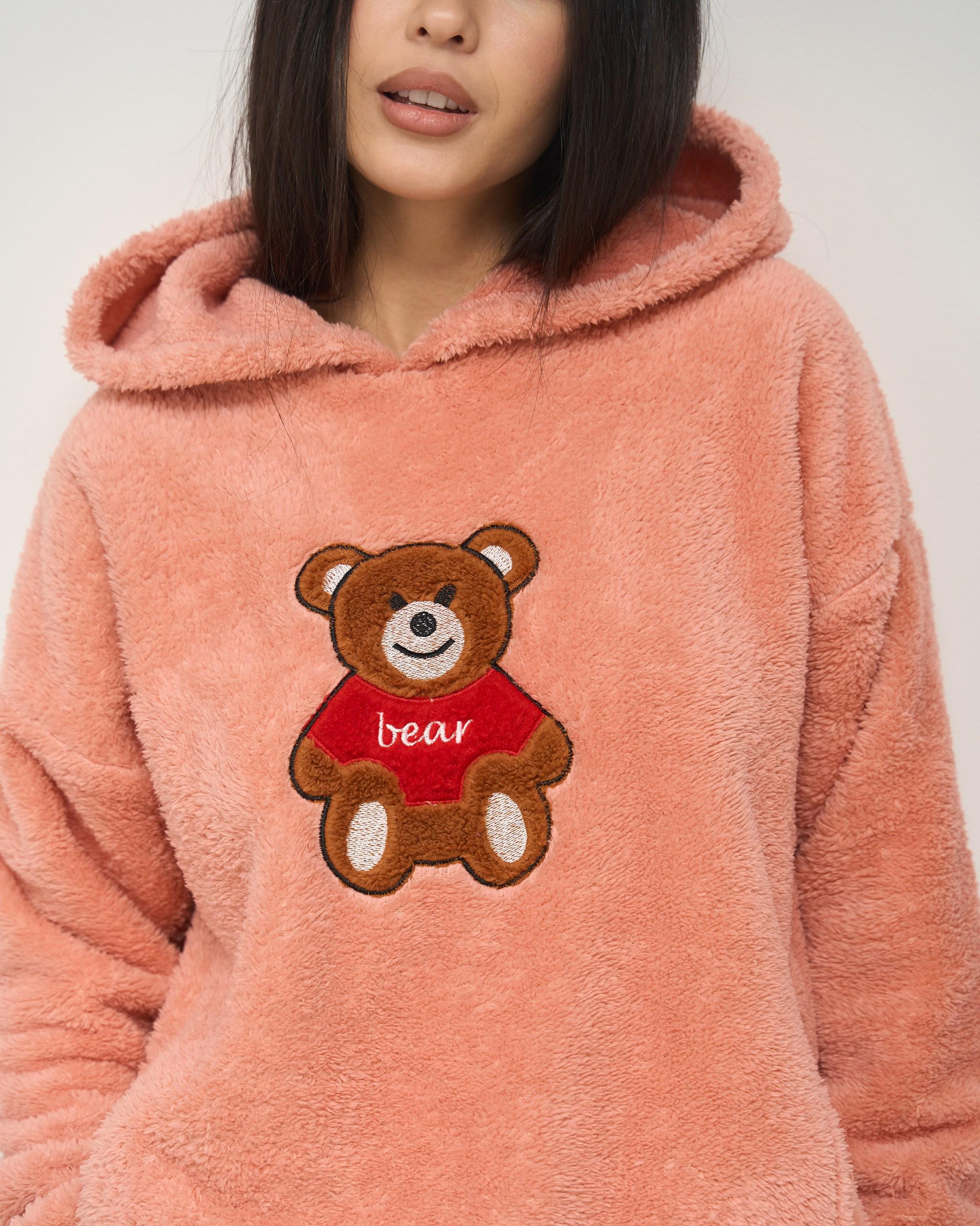 Пижама женская с капюшоном Мишка Тедди велюрсофт M Персиковый (94117) - фото 3 Пижама женская с капюшоном Мишка Тедди велюрсофт M Персиковый (94117) - фото 3