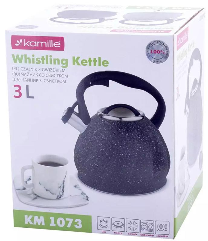 Чайник Kamille Whistling Kettle Marble з нержавіючої сталі зі свистком 3 л Чорний - фото 3 Чайник Kamille Whistling Kettle Marble з нержавіючої сталі зі свистком 3 л Чорний - фото 3