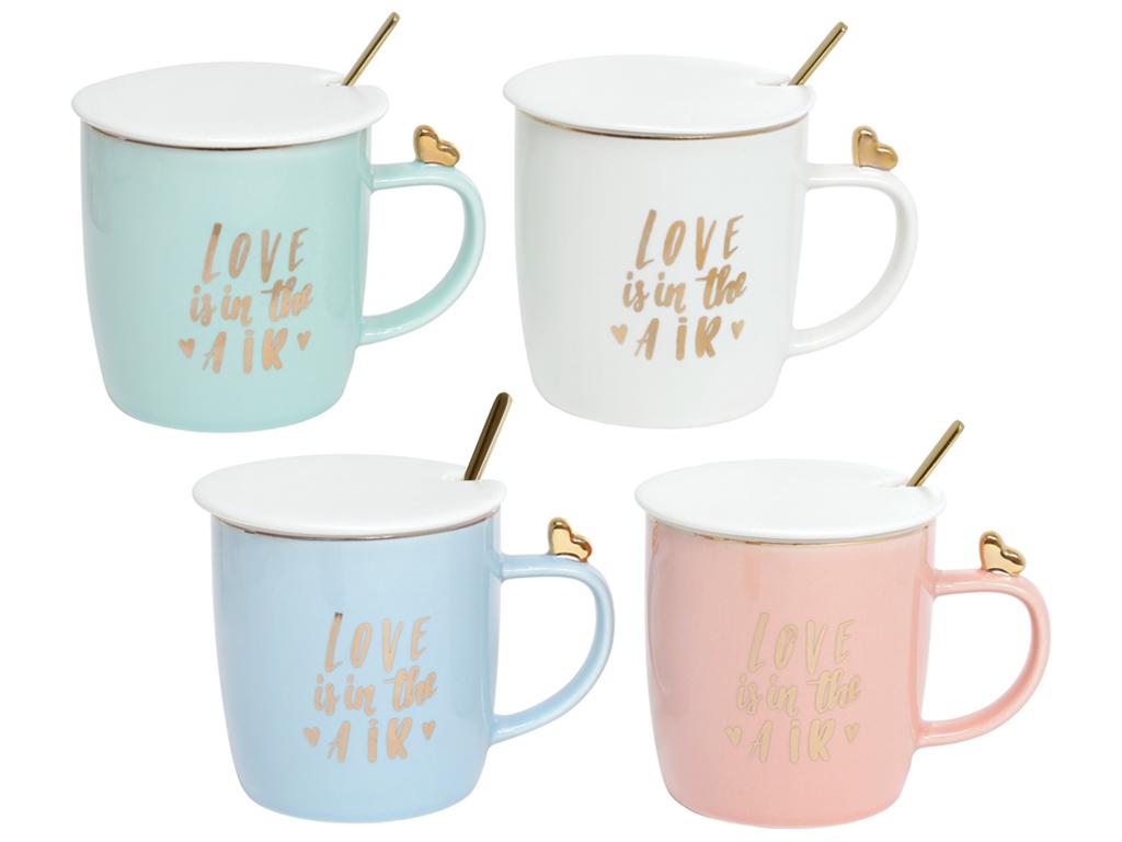 Чашка Love is in the air с крышкой и ложкой 4 дизайна 375 мл набор 4 шт. (BDI-380-420)