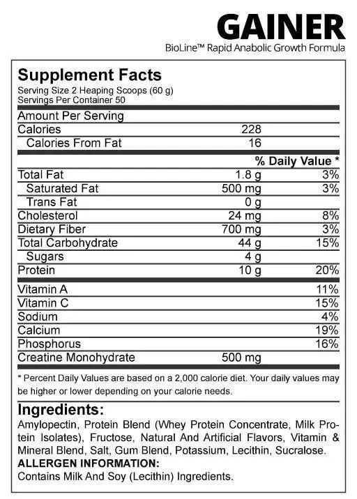 Гейнер для роста мышечной массы и веса Gainer Rapid Anabolic Growth Formula Bioline Nutrition Мультифрукт 3 кг (12602438) - фото 2