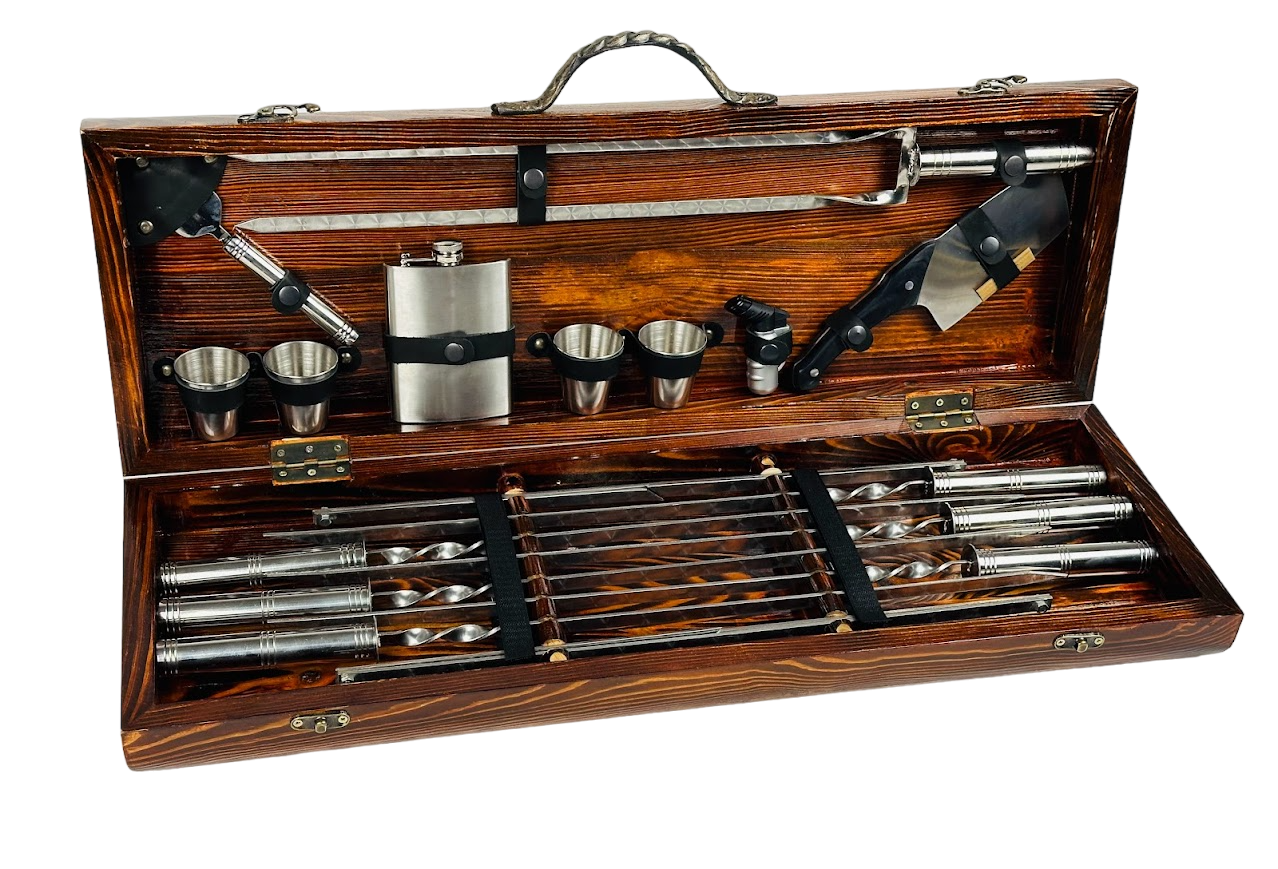 Набор шампуров подарочный Серебро МАХ в деревянном кейсе на 16 предметов (106-10-KS-7904)