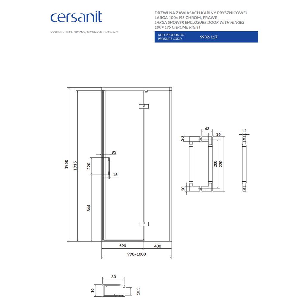 Душові двері у нішу Cersanit Larga R S932-117 100x195 см профиль Хром (214698) - фото 3 Душові двері у нішу Cersanit Larga R S932-117 100x195 см профиль Хром (214698) - фото 3