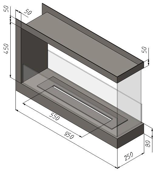 Біокамін вбудований п подібний рамочний 950 мм з пальником та захисним склом в комплекті лінія вогню 550 мм Чорний (11586038) - фото 2