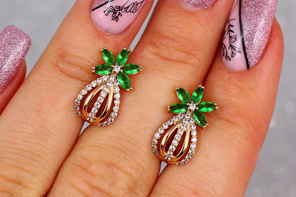 Серьги Xuping Jewelry Ананасики с зелеными камнями 1,7 см Золотистый