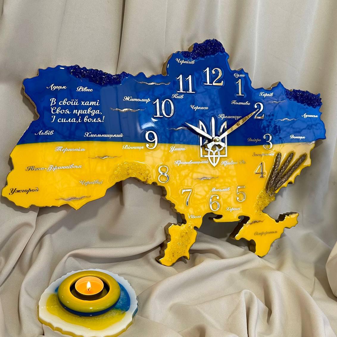 Часы настенные из эпоксидной смолы Карта Украины 150х100 см