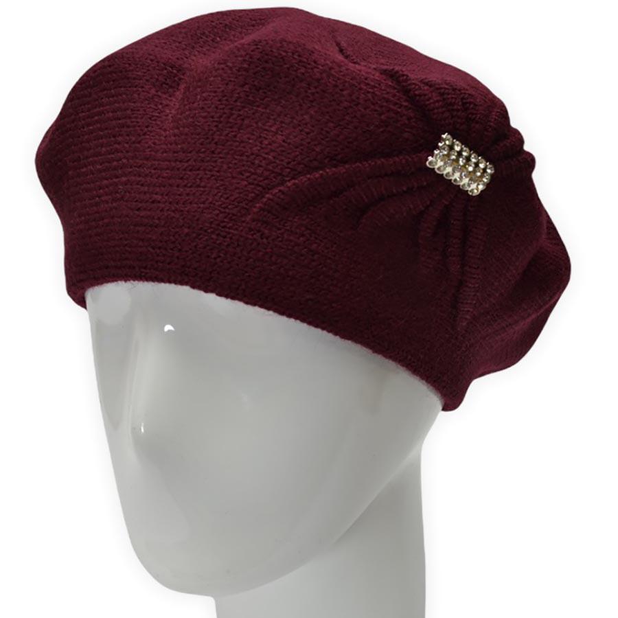 Берет женский Lirus Бонжур из шерсти двойной с узором сбоку и брошью Бордовый